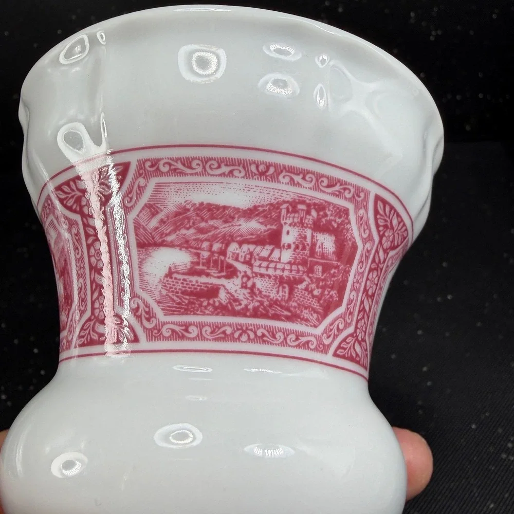Heinrich Germany Porcelain Vase Pink White Scenic Transferware Castle 4.5 Inch